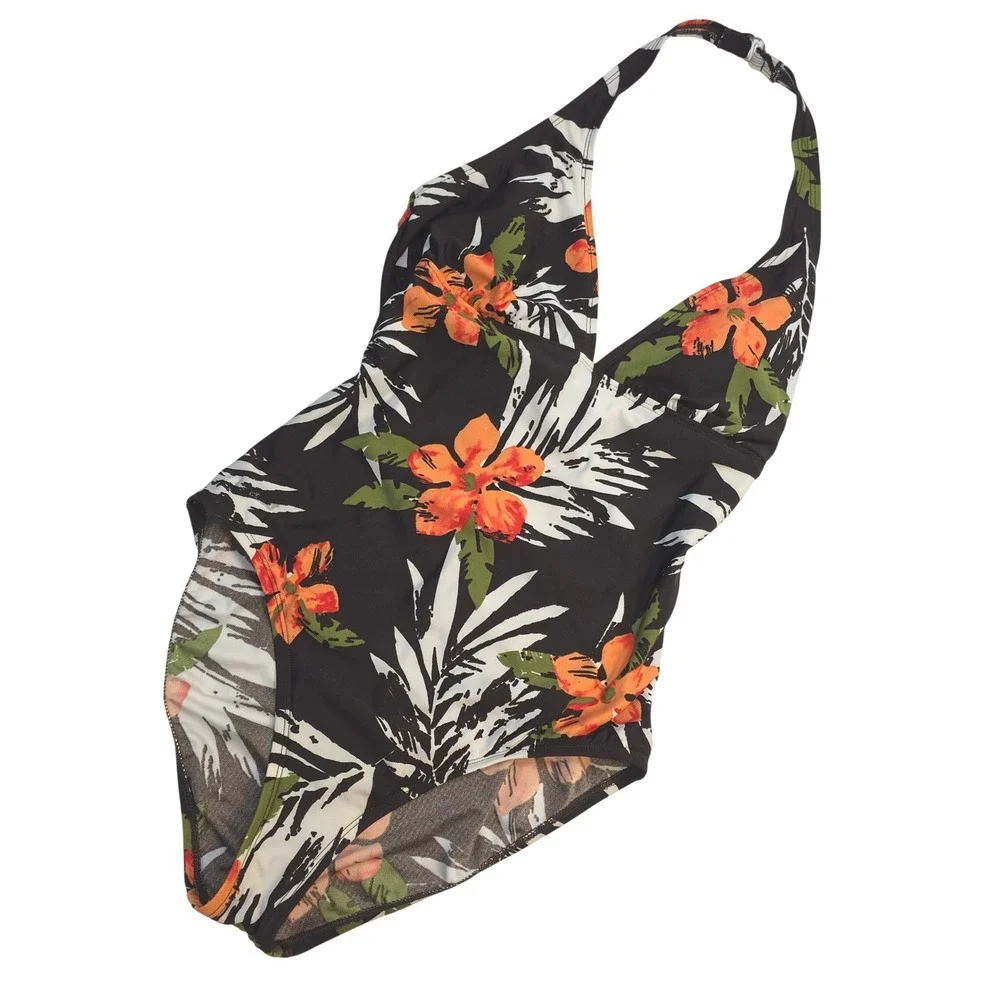 Girl's Tropical Floral Halter One Piece Swimsuit Black Orange Padded V-Neck 14‎